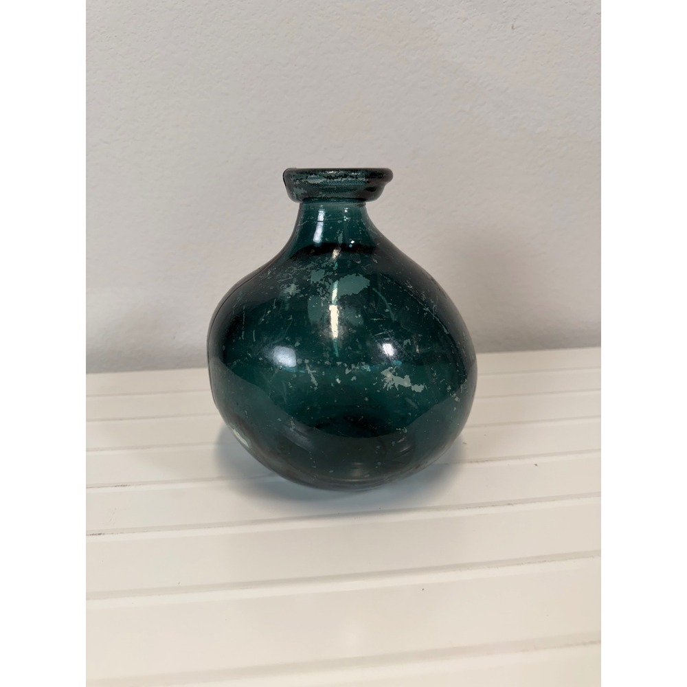 Vintage Hand Blown Teal Blue Glass Bud Vase Bulbous Rustic Farmhouse Decor 7in